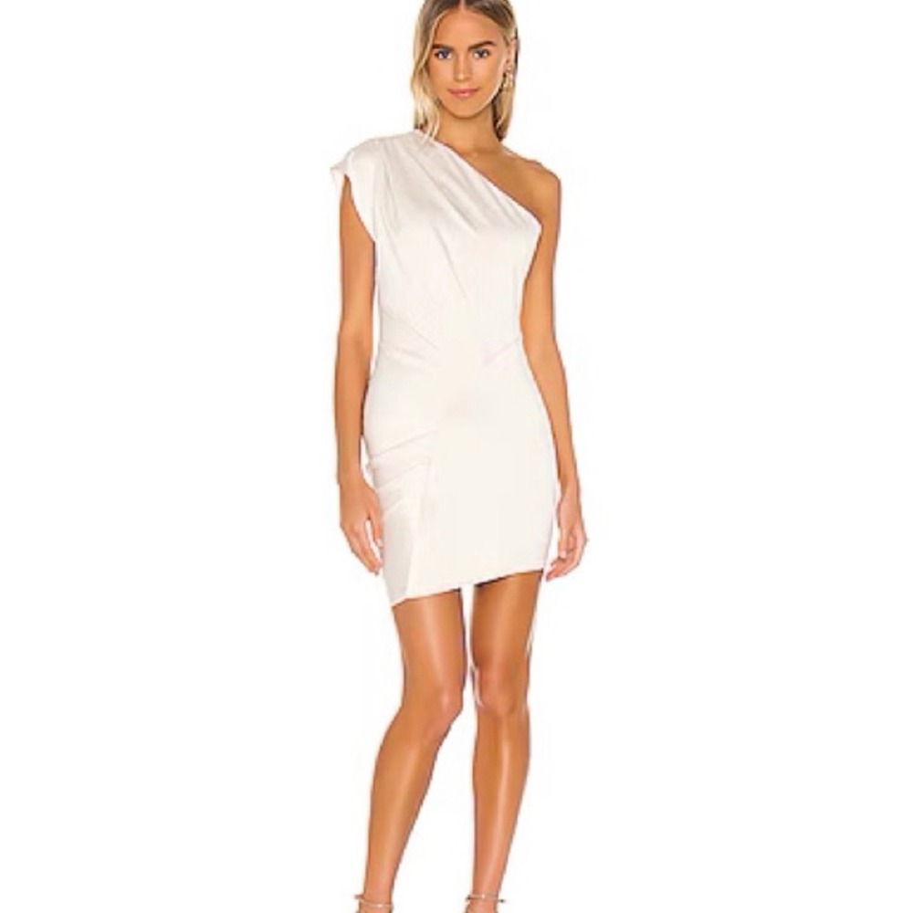 Elliatt Mercury Off-The-Shoulder Sheath Mini Dress Pearl Satin Pleated XS Party